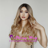 Natural blonde dark roots long curly wig by Shiny Way Wigs Sydney NSW AU