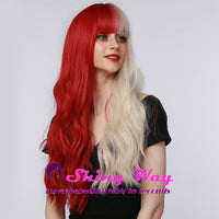 Half blonde half red long curly wig by Shiny Way Wigs Brisbane QLD