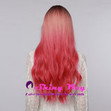 Fade pink dark roots long wavy wig by Shiny Way Wigs Melbourne VIC