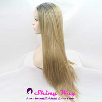 Dark root blonde long straight Lace Front Wig - Shiny Way Wigs Perth