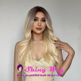 Dark roots natural blonde long wavy wigs by Shiny Way Wigs Melbourne 