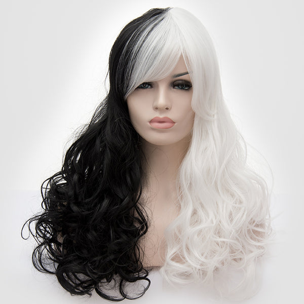 Half black half white long curly costume wig by Shiny Way Wigs Sydney