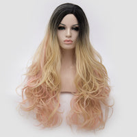 Dark roots blonde with pink long curly wig by Shiny Way Wigs Melbourne