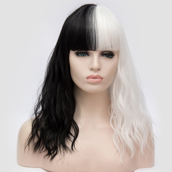 Half black half white long wavy costume wig by Shiny Way Wigs Sydney