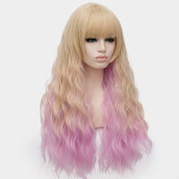 Honey blonde with pink long curly full fringe wig by Shiny Way Wigs 