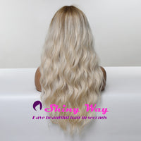 Dark roots white blonde long curly wig by Shiny Way Wigs Sydney NSW