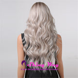 Dark roots platinum blonde long curly wig by Shiny Way Wigs Brisbane
