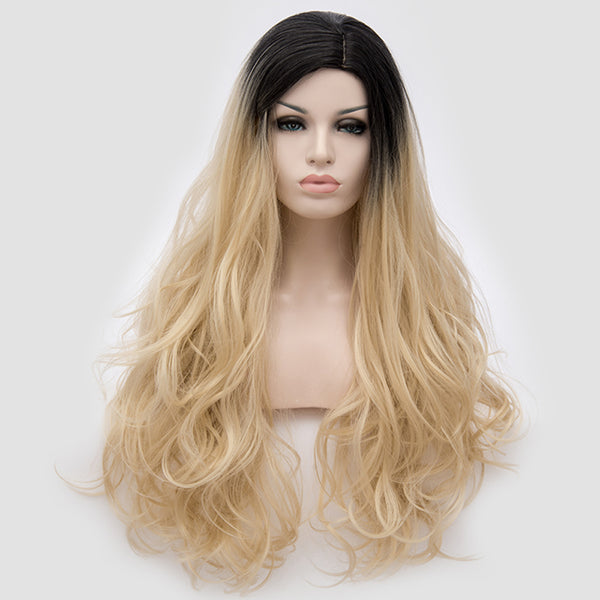Dark roots natural blonde long curly wig by Shiny Way Wigs Adelaide SA