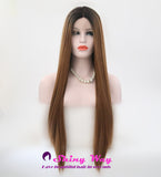 Dark Roots Brown Long Silk Straight Lace Wig - Shiny Way Wigs Perth