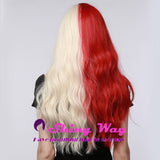 Half blonde half red long curly wig by Shiny Way Wigs Brisbane QLD