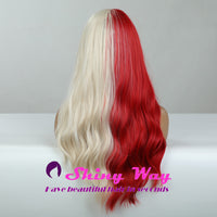 Half blonde half red long curly wig by Shiny Way Wigs Brisbane QLD