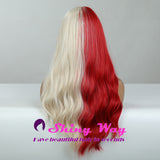 Half blonde half red long curly wig by Shiny Way Wigs Brisbane QLD