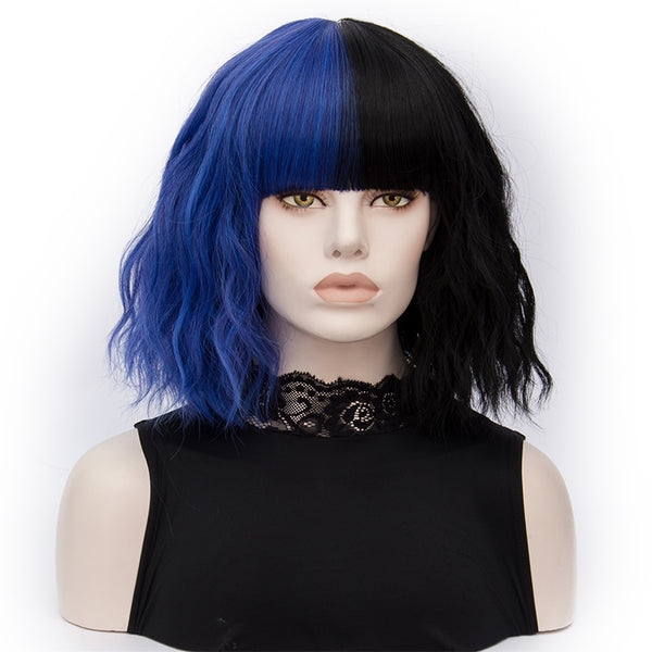 Half blue half black short wavy costume wig by Shiny Way Wigs Perth WA