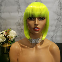 Bright green yellow full fringe short bob wig by Shiny Way Wigs Sydney