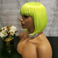 Bright green yellow full fringe short bob wig by Shiny Way Wigs Sydney