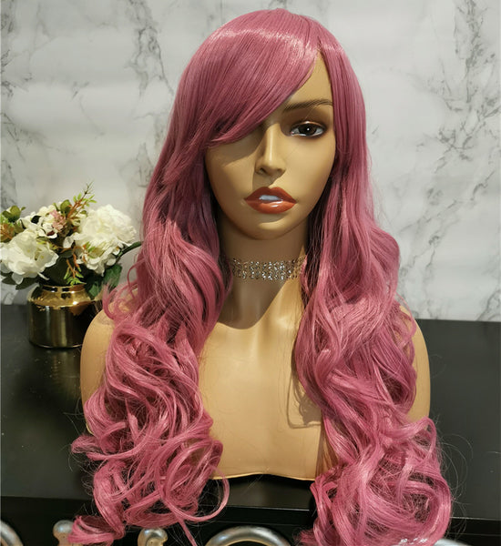 Pink long curly costume wig by Shiny Way Wigs Brisbane QLD