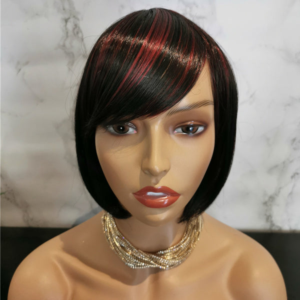 Black with red highlights side fringe bob wig by Shiny Way Wigs Perth