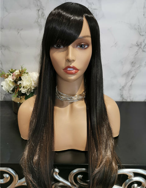 Dark brown with highlights long straight wig by Shiny Way Wigs Perth 