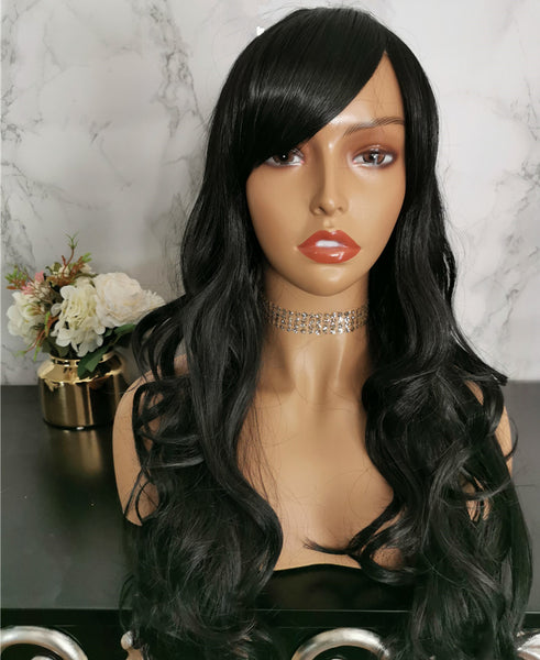 Jet black long curly costume wig by Shiny Way Wigs Brisbane QLD