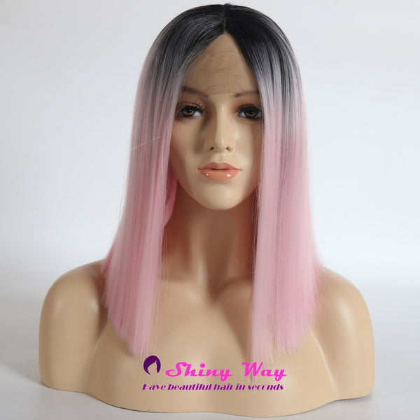 Dark Roots Pale Pink Short Straight Lace Wig - Shiny Way Wigs Brisbane