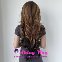 Best selling natural brown long curly wigs w highlights Shiny Way Wigs